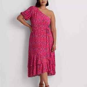 Lauren Ralph Lauren Pink One-Shoulder Midi Dress with Blue Print